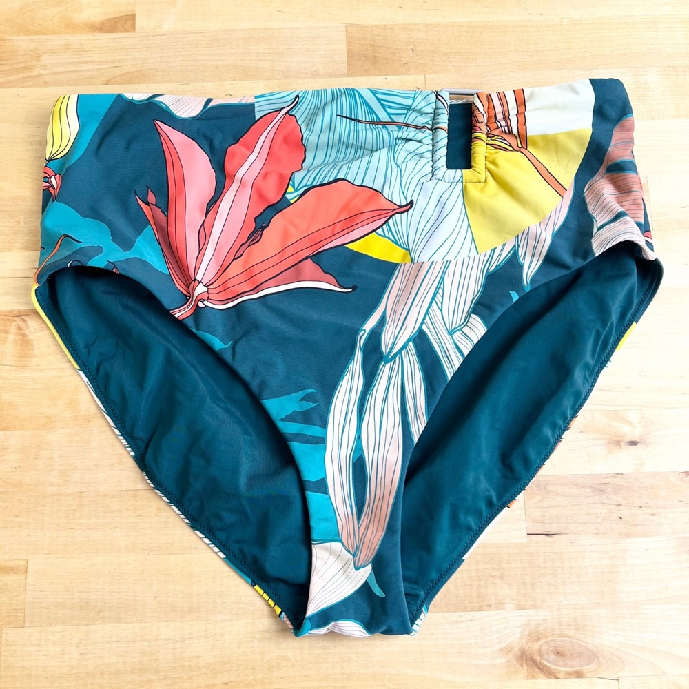 CALIA Bikini Bottoms High Rise Swim Briefs Womens Size L Teal Floral Tropical